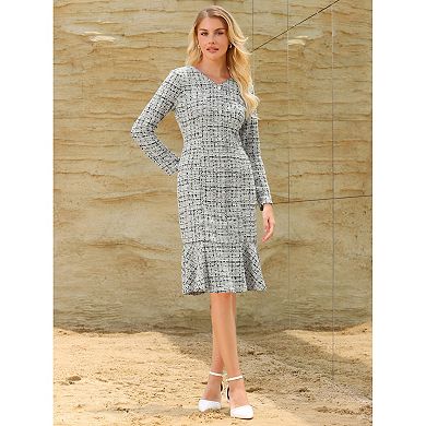 Women's Bodycon Mermaid Dress Tweed Long Sleeve Elegant Cocktail Fishtail Dresses