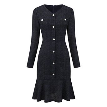 Women's Bodycon Mermaid Dress Tweed Long Sleeve Elegant Cocktail Fishtail Dresses