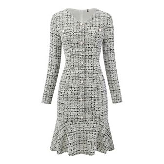 Women's Bodycon Mermaid Dress Tweed Long Sleeve Elegant Cocktail Fishtail Dresses