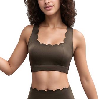 Women's Scalloped Edge Sports Bra Top with Wide Straps and Soft Stretch Fabric