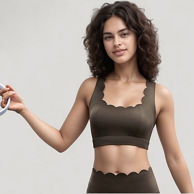 Women's Scalloped Edge Sports Bra Top with Wide Straps and Soft Stretch Fabric