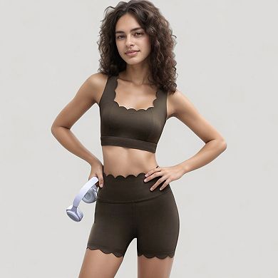 Women's Scalloped Edge Sports Bra Top with Wide Straps and Soft Stretch Fabric