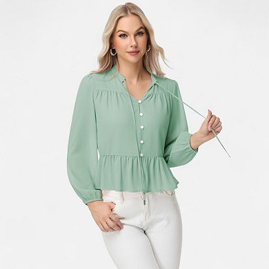 Women's Long Sleeve Button Front Peplum Blouse with V-Neckline and Gathered Waist Detail