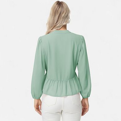 Women's Long Sleeve Button Front Peplum Blouse with V-Neckline and Gathered Waist Detail