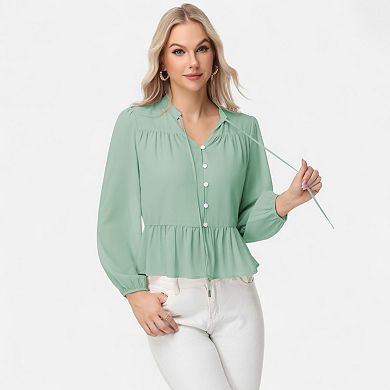 Women's Long Sleeve Button Front Peplum Blouse with V-Neckline and Gathered Waist Detail