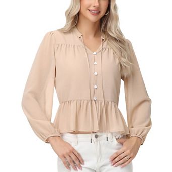 Women's Long Sleeve Button Front Peplum Blouse with V-Neckline and Gathered Waist Detail