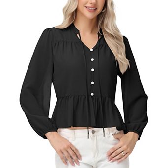 Women's Long Sleeve Button Front Peplum Blouse with V-Neckline and Gathered Waist Detail
