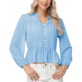 Women's Long Sleeve Button Front Peplum Blouse with V-Neckline and Gathered Waist Detail