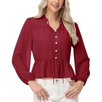 Women's Long Sleeve Button Front Peplum Blouse with V-Neckline and Gathered Waist Detail