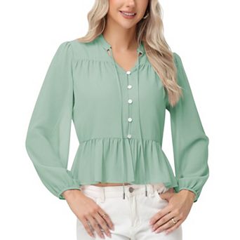 Women's Long Sleeve Button Front Peplum Blouse with V-Neckline and Gathered Waist Detail