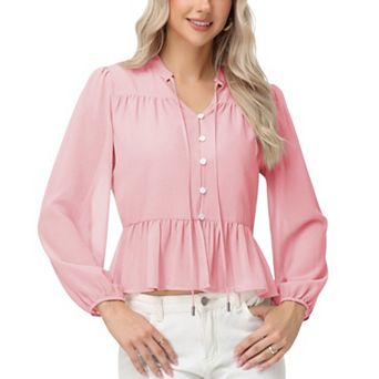 Women's Long Sleeve Button Front Peplum Blouse with V-Neckline and Gathered Waist Detail