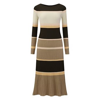 Women's Striped Sweater Dress Long Sleeve Casual Work Ribbed Knit Bodycon Dresses