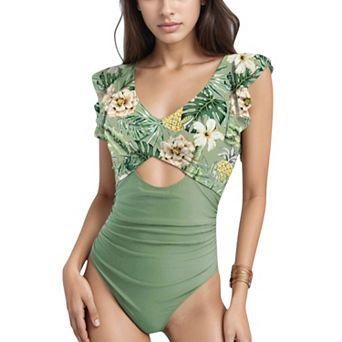 Women's Ruffle Sleeve One Piece Swimsuit Cut Out Front Detail Ruched Waist Deep V Neckline