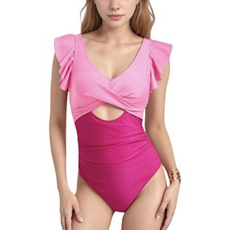 Women's Ruffle Sleeve One Piece Swimsuit Cut Out Front Detail Ruched Waist Deep V Neckline