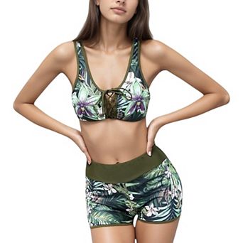 Women's Tropical Floral Bikini Top with Lace-Up Front and High Waist Short Bottoms