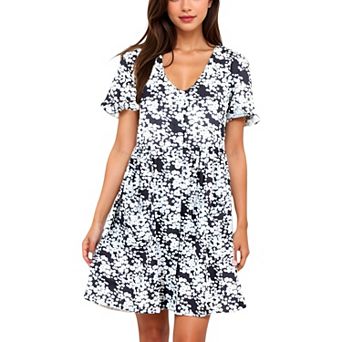 Women's V-Neck Short Sleeve Floral Print Babydoll Dress with Button-Front