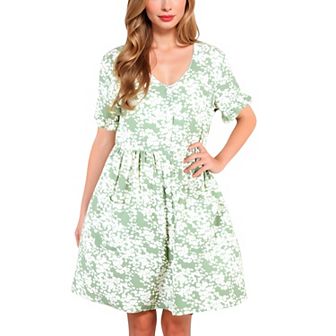 Women's V-Neck Short Sleeve Floral Print Babydoll Dress with Button-Front