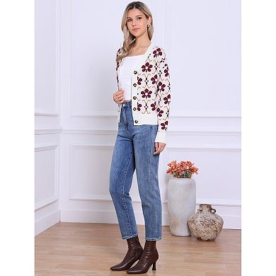Open Front Cardigan Sweaters for Women Floral Print V Neck Button Down Long Sleeve Knit Sweater