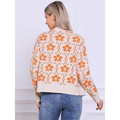 Open Front Cardigan Sweaters for Women Floral Print V Neck Button Down Long Sleeve Knit Sweater