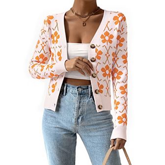 Open Front Cardigan Sweaters for Women Floral Print V Neck Button Down Long Sleeve Knit Sweater