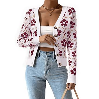 Open Front Cardigan Sweaters for Women Floral Print V Neck Button Down Long Sleeve Knit Sweater