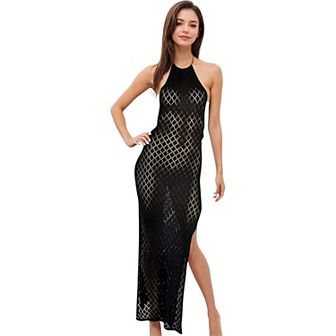 Women's Halter Neck Fishnet Maxi Dress With Side Slits for Casual Looks