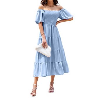 Women's Casual Summer Midi Dress Short Sleeve Square Neck Smocked Tiered Ruffle Dresses