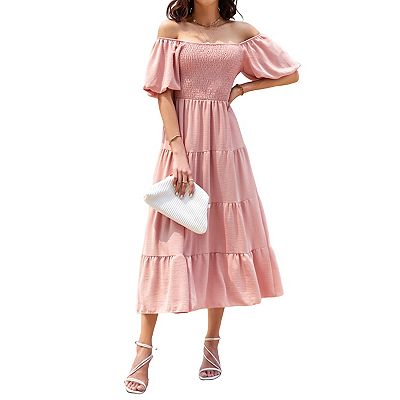 Women's Casual Summer Midi Dress Short Sleeve Square Neck Smocked Tiered  Ruffle Dresses