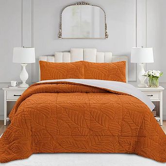 Marcielo 3 pc Leaf Pattern Jacquard Soft Plush Comforter Set