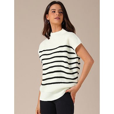Women's Sleeveless Mock Neck Striped Sweater Vest Casual Cap Sleeve Knit Pullover Tank Tops
