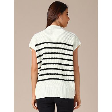 Women's Sleeveless Mock Neck Striped Sweater Vest Casual Cap Sleeve Knit Pullover Tank Tops