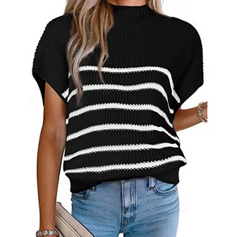 Women's Sleeveless Mock Neck Striped Sweater Vest Casual Cap Sleeve Knit Pullover Tank Tops