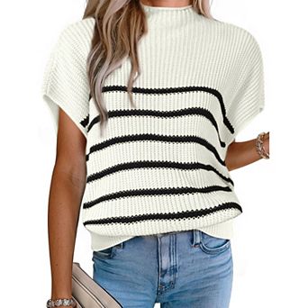 Women's Sleeveless Mock Neck Striped Sweater Vest Casual Cap Sleeve Knit Pullover Tank Tops