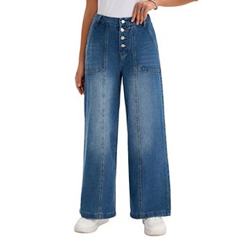 Women's Jeans High Waisted Button Fly Stretchy Straight Loose Denim Wide Leg Pants