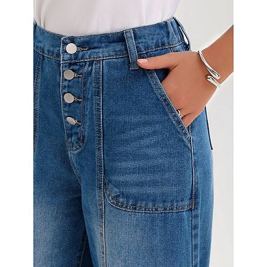 Women's Jeans High Waisted Button Fly Stretchy Straight Loose Denim Wide Leg Pants