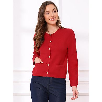 Button Down Cardigan Sweater for Women's Long Sleeve Crew Neck Solid Casual Knitted Jacket