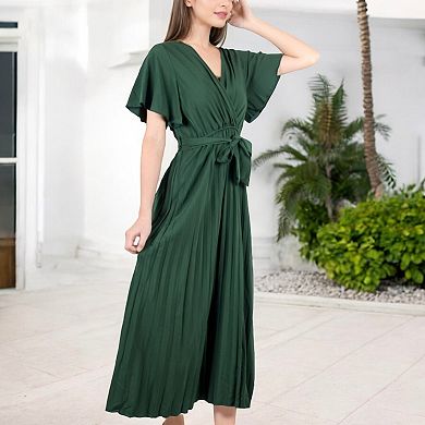 Women's V-Neck Flutter Sleeve Maxi Dress with Pleated Skirt