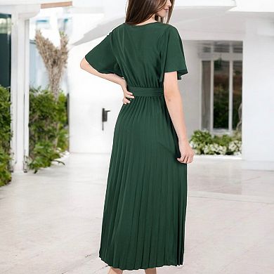 Women's V-Neck Flutter Sleeve Maxi Dress with Pleated Skirt