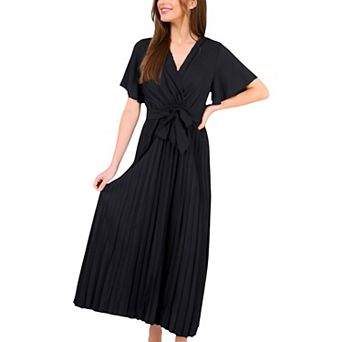 Women's V-Neck Flutter Sleeve Maxi Dress with Pleated Skirt