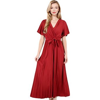 Women's V-Neck Flutter Sleeve Maxi Dress with Pleated Skirt