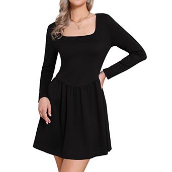 Square Neck Dress for Women's Long Sleeve A-Line Casual Above the Knee Dresses