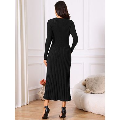 Women's Crewneck Sweater Dress Knit Long Sleeve Midi Ribbed A-Line Dress
