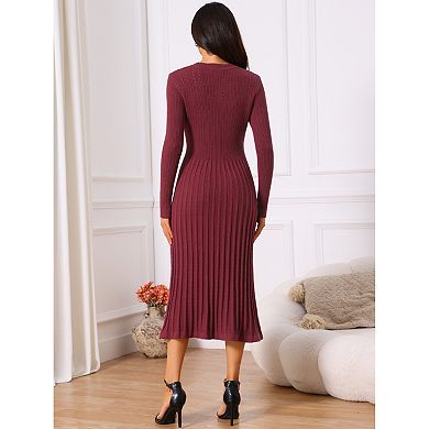 Women's Crewneck Sweater Dress Knit Long Sleeve Midi Ribbed A-Line Dress
