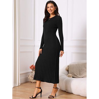 Women's Crewneck Sweater Dress Knit Long Sleeve Midi Ribbed A-Line Dress