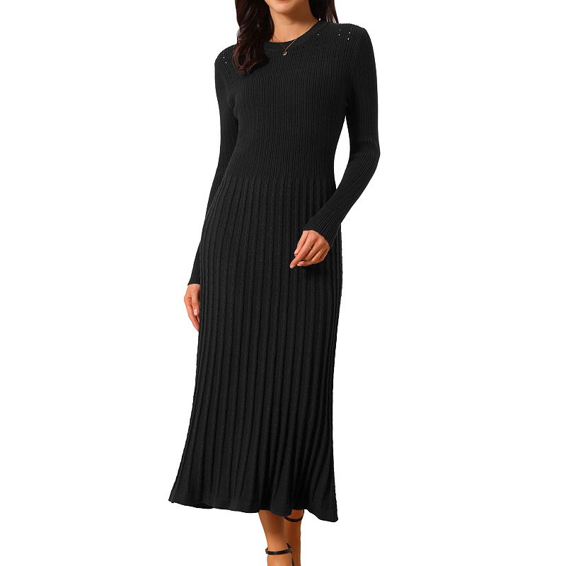 crew neck knitted dress Women's Crewneck Sweater Knit Long Sleeve Midi Ribbed A-Line Dress Scallop
