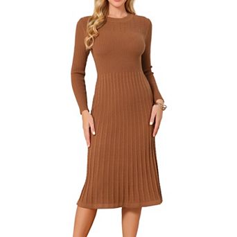 Women's Crewneck Sweater Dress Knit Long Sleeve Midi Ribbed A-Line Dress