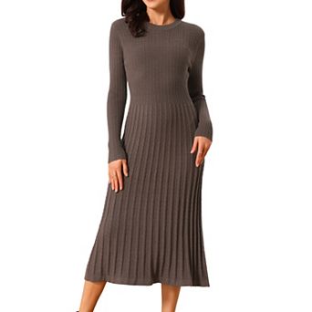 Women's Crewneck Sweater Dress Knit Long Sleeve Midi Ribbed A-Line Dress