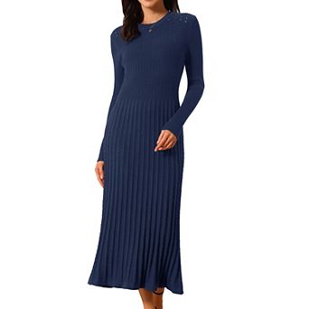 Women's Crewneck Sweater Dress Knit Long Sleeve Midi Ribbed A-Line Dress