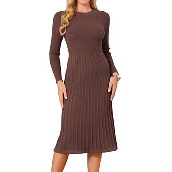 Women's Crewneck Sweater Dress Knit Long Sleeve Midi Ribbed A-Line Dress