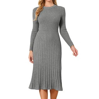 Women's Crewneck Sweater Dress Knit Long Sleeve Midi Ribbed A-Line Dress